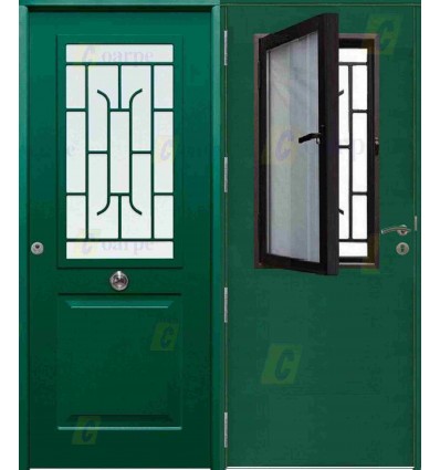 Puerta de Seguridad clásica con ventana abatible, reja y cristal THT