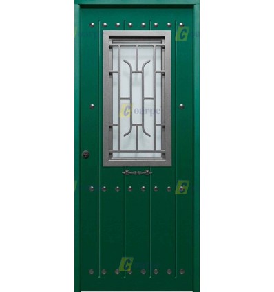 Puerta de Seguridad Modelo 1150 Rústica con Ventana de Cristal y Reja