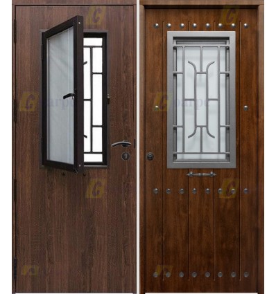 Puerta de seguridad  rústica con ventana de cristal