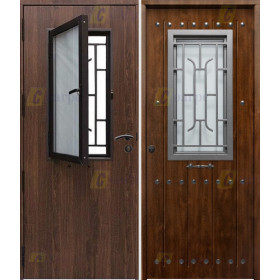 Puerta de Seguridad 1150 RÚSTICA CLAVOS CON VENTANA CON CRISTAL ABATIBLE THT