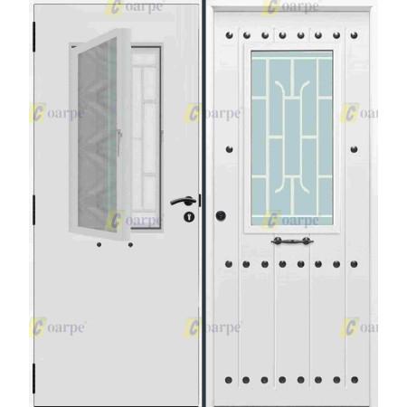 Puerta de Seguridad 1150 RÚSTICA CLAVOS CON VENTANA CON CRISTAL ABATIBLE THT