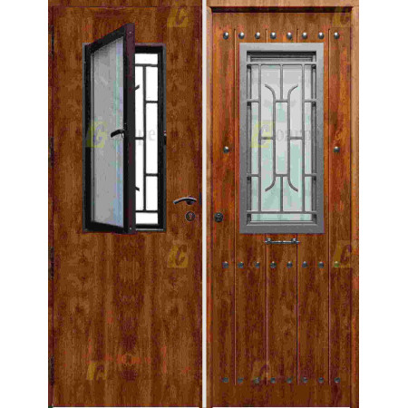Puerta de Seguridad 1150 RÚSTICA CLAVOS CON VENTANA CON CRISTAL ABATIBLE THT