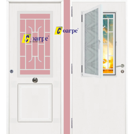 Puerta de Seguridad CLÁSICA con Ventana Abatible, Reja y Cristal THT